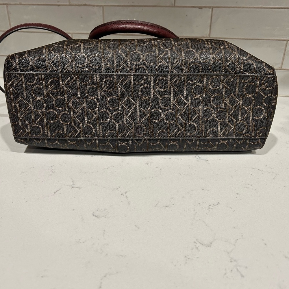 Calvin Klein Brown Monogram Dome Satchel with Burgundy Handles - Picture 7 of 7